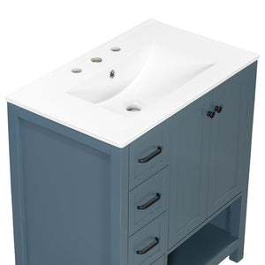English Elm 30 Inch Freestanding Bathroom Vanity Ceramic Undermount Sink Open Shelf Soft Close Blue Gray N725P451494C