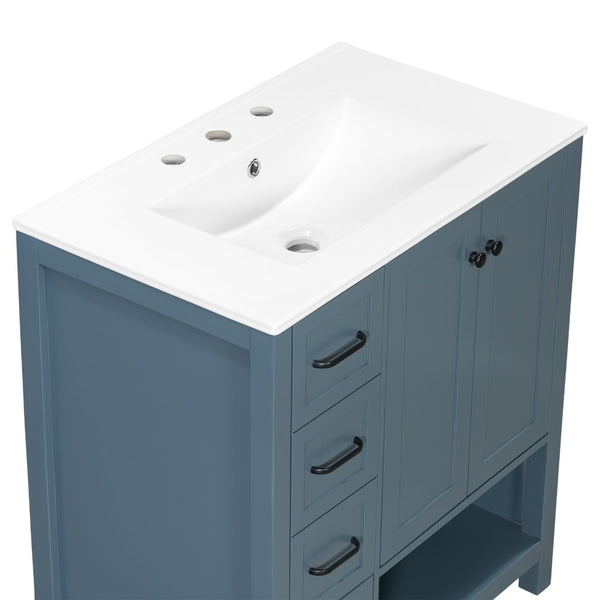 English Elm 30 Inch Freestanding Bathroom Vanity Ceramic Undermount Sink Open Shelf Soft Close Blue Gray N725P451494C