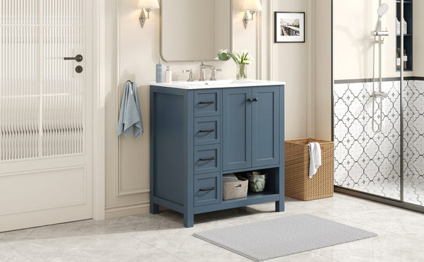 English Elm 30 Inch Freestanding Bathroom Vanity Ceramic Undermount Sink Open Shelf Soft Close Blue Gray N725P451494C