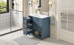 English Elm 30 Inch Freestanding Bathroom Vanity Ceramic Undermount Sink Open Shelf Soft Close Blue Gray N725P451494C