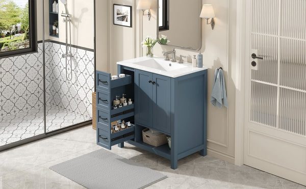 English Elm 30 Inch Freestanding Bathroom Vanity Ceramic Undermount Sink Open Shelf Soft Close Blue Gray N725P451494C