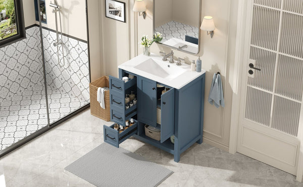 English Elm 30 Inch Freestanding Bathroom Vanity Ceramic Undermount Sink Open Shelf Soft Close Blue Gray N725P451494C