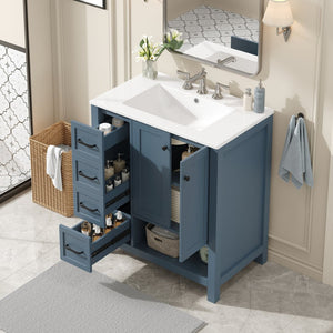 English Elm 30 Inch Freestanding Bathroom Vanity Ceramic Undermount Sink Open Shelf Soft Close Blue Gray N725P451494C