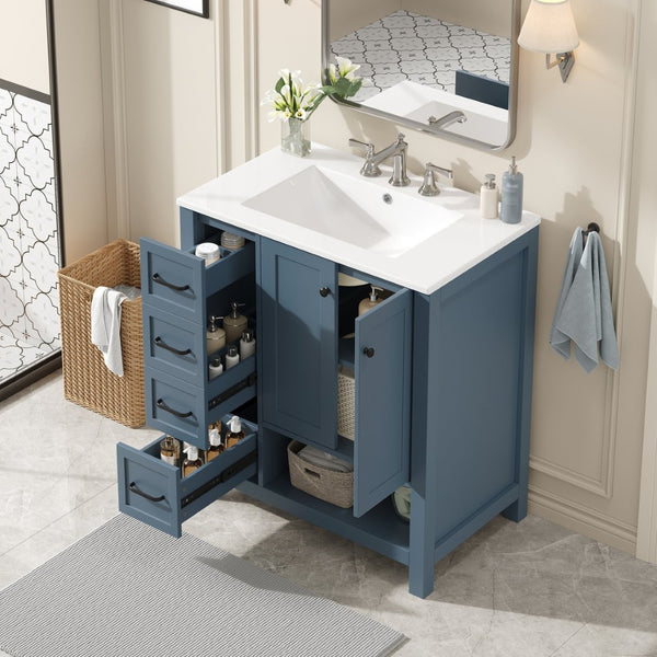 English Elm 30 Inch Freestanding Bathroom Vanity Ceramic Undermount Sink Open Shelf Soft Close Blue Gray N725P451494C