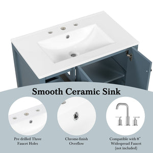 English Elm 30 Inch Freestanding Bathroom Vanity Ceramic Undermount Sink Open Shelf Soft Close Blue Gray N725P451494C