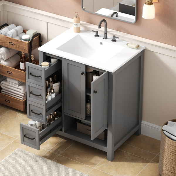 English Elm 30 Inch Freestanding Bathroom Vanity Ceramic Undermount Sink Open Shelf Soft Close Gray N725P451494E