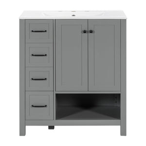 English Elm 30 Inch Freestanding Bathroom Vanity Ceramic Undermount Sink Open Shelf Soft Close Gray N725P451494E