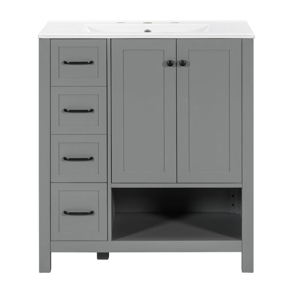 English Elm 30 Inch Freestanding Bathroom Vanity Ceramic Undermount Sink Open Shelf Soft Close Gray N725P451494E