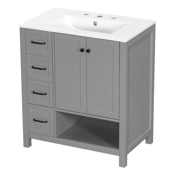 English Elm 30 Inch Freestanding Bathroom Vanity Ceramic Undermount Sink Open Shelf Soft Close Gray N725P451494E