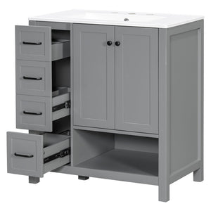 English Elm 30 Inch Freestanding Bathroom Vanity Ceramic Undermount Sink Open Shelf Soft Close Gray N725P451494E