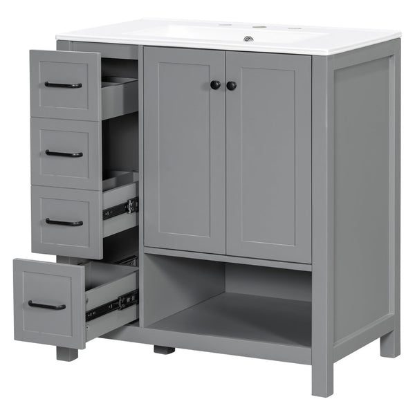 English Elm 30 Inch Freestanding Bathroom Vanity Ceramic Undermount Sink Open Shelf Soft Close Gray N725P451494E