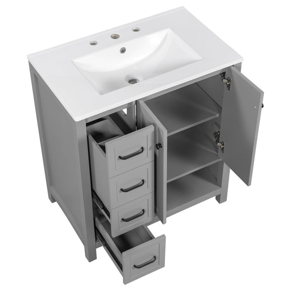 English Elm 30 Inch Freestanding Bathroom Vanity Ceramic Undermount Sink Open Shelf Soft Close Gray N725P451494E
