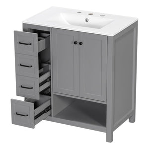 English Elm 30 Inch Freestanding Bathroom Vanity Ceramic Undermount Sink Open Shelf Soft Close Gray N725P451494E