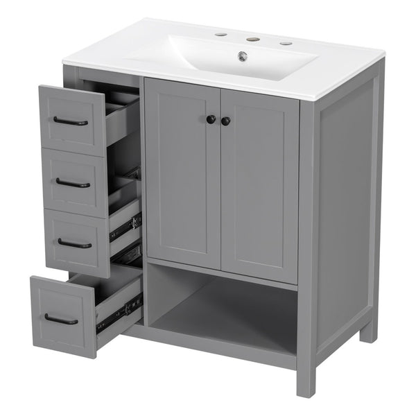 English Elm 30 Inch Freestanding Bathroom Vanity Ceramic Undermount Sink Open Shelf Soft Close Gray N725P451494E