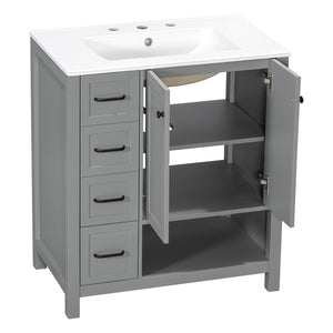 English Elm 30 Inch Freestanding Bathroom Vanity Ceramic Undermount Sink Open Shelf Soft Close Gray N725P451494E