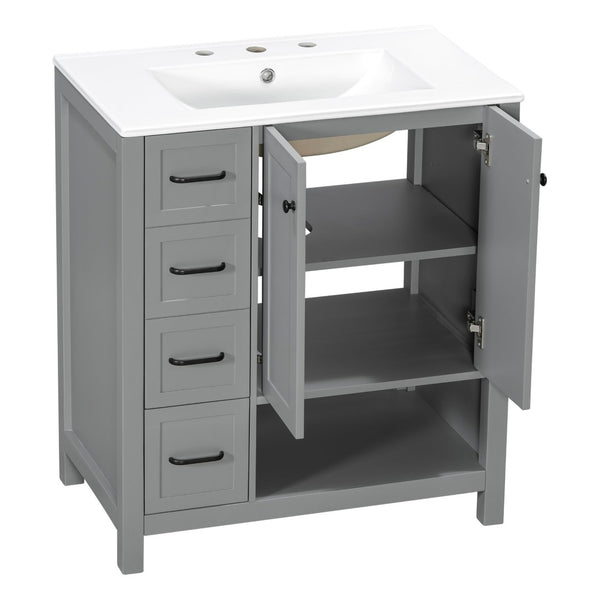 English Elm 30 Inch Freestanding Bathroom Vanity Ceramic Undermount Sink Open Shelf Soft Close Gray N725P451494E