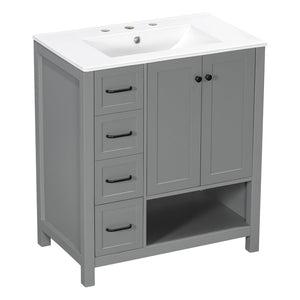 English Elm 30 Inch Freestanding Bathroom Vanity Ceramic Undermount Sink Open Shelf Soft Close Gray N725P451494E