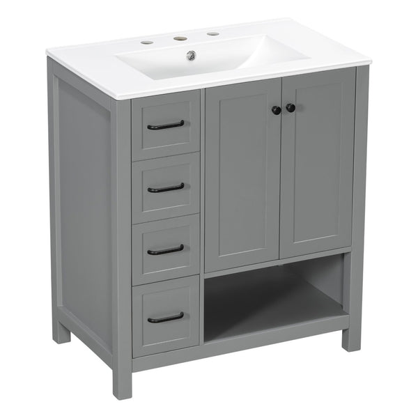 English Elm 30 Inch Freestanding Bathroom Vanity Ceramic Undermount Sink Open Shelf Soft Close Gray N725P451494E