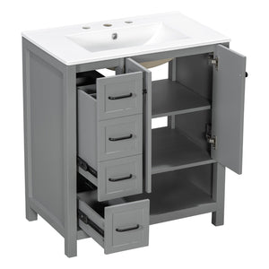 English Elm 30 Inch Freestanding Bathroom Vanity Ceramic Undermount Sink Open Shelf Soft Close Gray N725P451494E