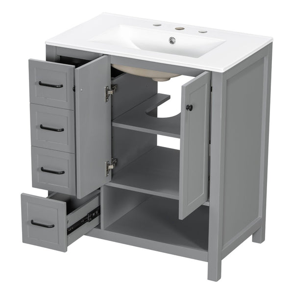 English Elm 30 Inch Freestanding Bathroom Vanity Ceramic Undermount Sink Open Shelf Soft Close Gray N725P451494E