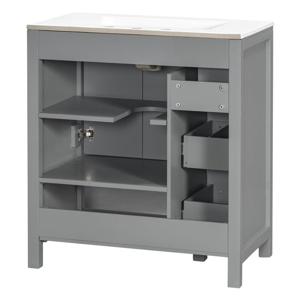 English Elm 30 Inch Freestanding Bathroom Vanity Ceramic Undermount Sink Open Shelf Soft Close Gray N725P451494E