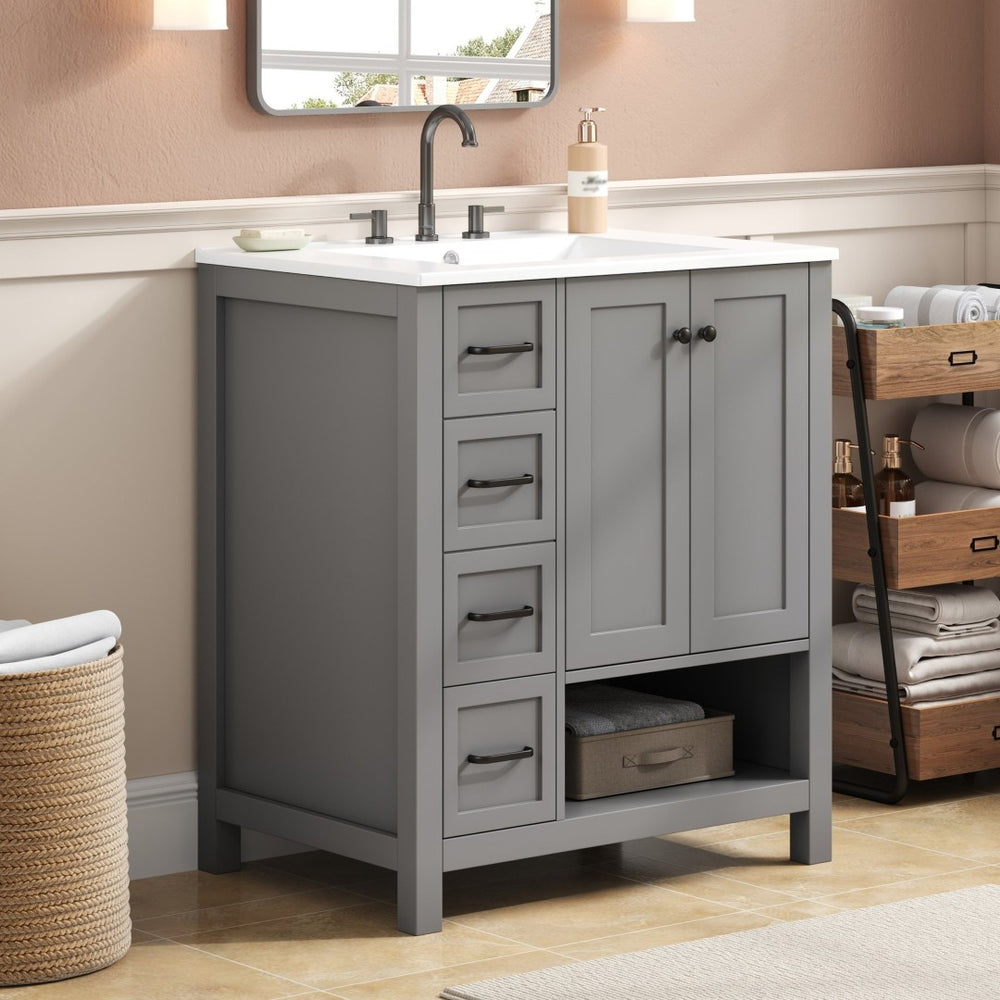 English Elm 30 Inch Freestanding Bathroom Vanity Ceramic Undermount Sink Open Shelf Soft Close Gray N725P451494E