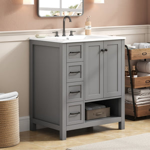 English Elm 30 Inch Freestanding Bathroom Vanity Ceramic Undermount Sink Open Shelf Soft Close Gray N725P451494E