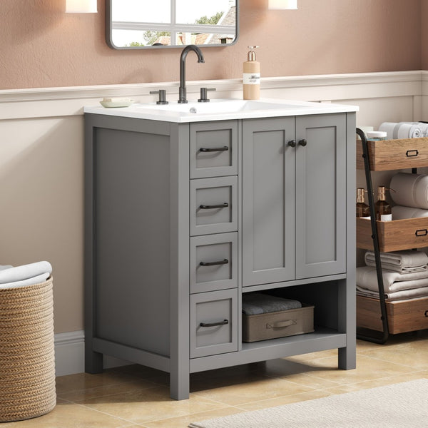 English Elm 30 Inch Freestanding Bathroom Vanity Ceramic Undermount Sink Open Shelf Soft Close Gray N725P451494E