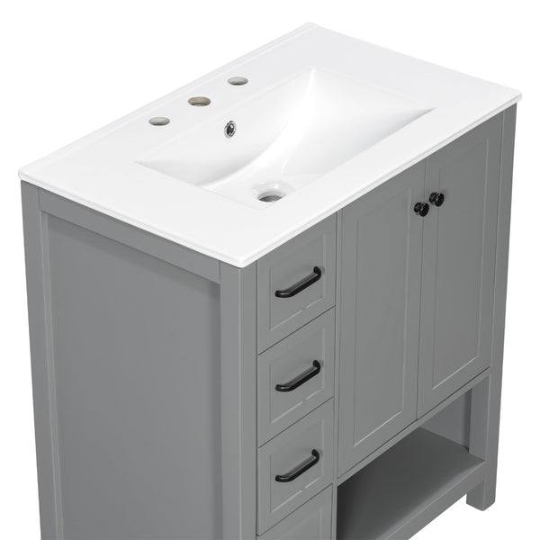 English Elm 30 Inch Freestanding Bathroom Vanity Ceramic Undermount Sink Open Shelf Soft Close Gray N725P451494E