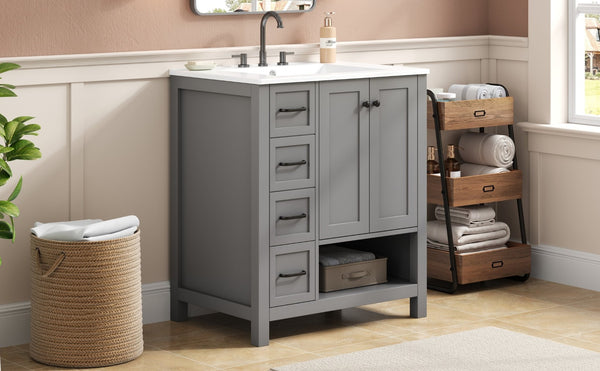 English Elm 30 Inch Freestanding Bathroom Vanity Ceramic Undermount Sink Open Shelf Soft Close Gray N725P451494E