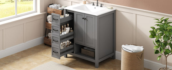English Elm 30 Inch Freestanding Bathroom Vanity Ceramic Undermount Sink Open Shelf Soft Close Gray N725P451494E