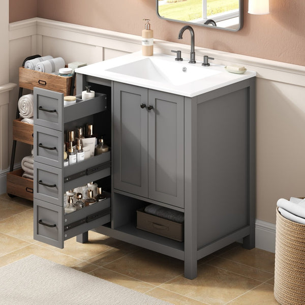 English Elm 30 Inch Freestanding Bathroom Vanity Ceramic Undermount Sink Open Shelf Soft Close Gray N725P451494E