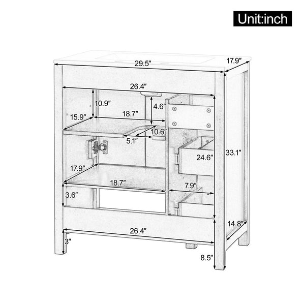 English Elm 30 Inch Freestanding Bathroom Vanity Ceramic Undermount Sink Open Shelf Soft Close Gray N725P451494E