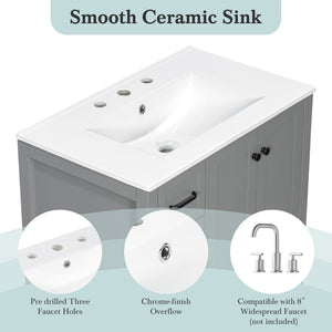 English Elm 30 Inch Freestanding Bathroom Vanity Ceramic Undermount Sink Open Shelf Soft Close Gray N725P451494E