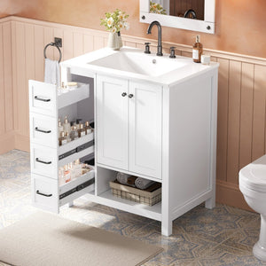 English Elm 30 Inch Freestanding Bathroom Vanity Ceramic Undermount Sink Open Shelf Soft Close White N725P451494K