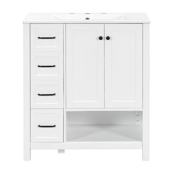 English Elm 30 Inch Freestanding Bathroom Vanity Ceramic Undermount Sink Open Shelf Soft Close White N725P451494K