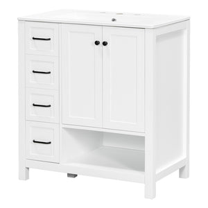 English Elm 30 Inch Freestanding Bathroom Vanity Ceramic Undermount Sink Open Shelf Soft Close White N725P451494K