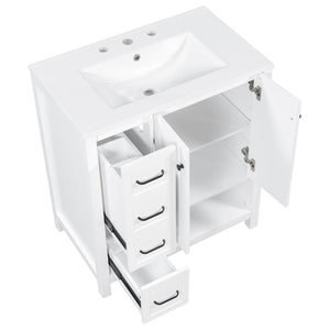 English Elm 30 Inch Freestanding Bathroom Vanity Ceramic Undermount Sink Open Shelf Soft Close White N725P451494K