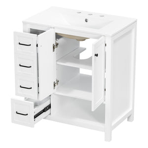 English Elm 30 Inch Freestanding Bathroom Vanity Ceramic Undermount Sink Open Shelf Soft Close White N725P451494K