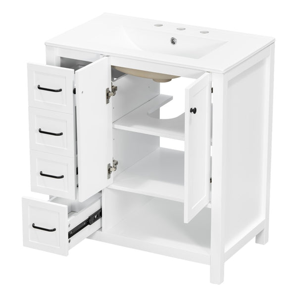 English Elm 30 Inch Freestanding Bathroom Vanity Ceramic Undermount Sink Open Shelf Soft Close White N725P451494K