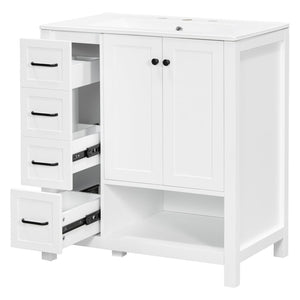 English Elm 30 Inch Freestanding Bathroom Vanity Ceramic Undermount Sink Open Shelf Soft Close White N725P451494K