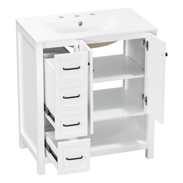 English Elm 30 Inch Freestanding Bathroom Vanity Ceramic Undermount Sink Open Shelf Soft Close White N725P451494K