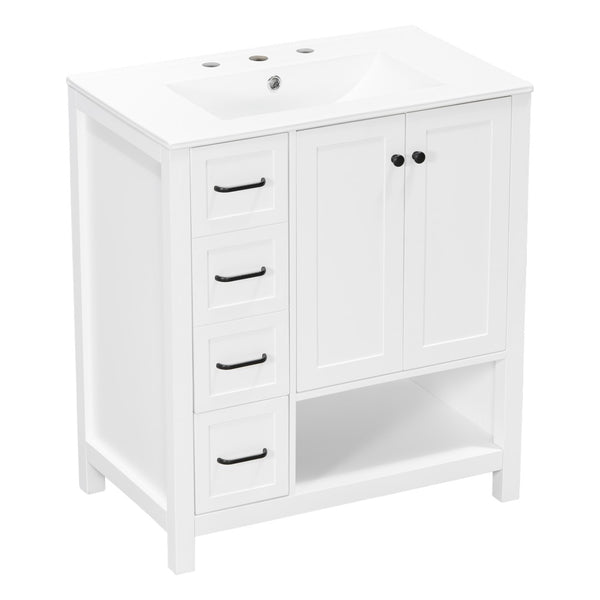 English Elm 30 Inch Freestanding Bathroom Vanity Ceramic Undermount Sink Open Shelf Soft Close White N725P451494K