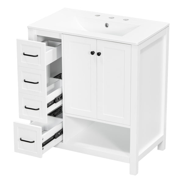 English Elm 30 Inch Freestanding Bathroom Vanity Ceramic Undermount Sink Open Shelf Soft Close White N725P451494K