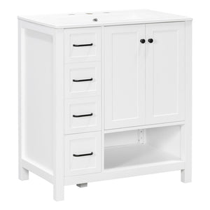 English Elm 30 Inch Freestanding Bathroom Vanity Ceramic Undermount Sink Open Shelf Soft Close White N725P451494K
