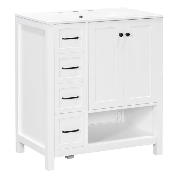 English Elm 30 Inch Freestanding Bathroom Vanity Ceramic Undermount Sink Open Shelf Soft Close White N725P451494K