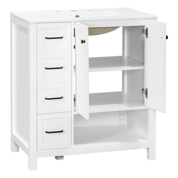 English Elm 30 Inch Freestanding Bathroom Vanity Ceramic Undermount Sink Open Shelf Soft Close White N725P451494K