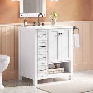 English Elm 30 Inch Freestanding Bathroom Vanity Ceramic Undermount Sink Open Shelf Soft Close White N725P451494K