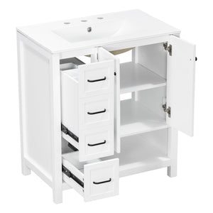 English Elm 30 Inch Freestanding Bathroom Vanity Ceramic Undermount Sink Open Shelf Soft Close White N725P451494K