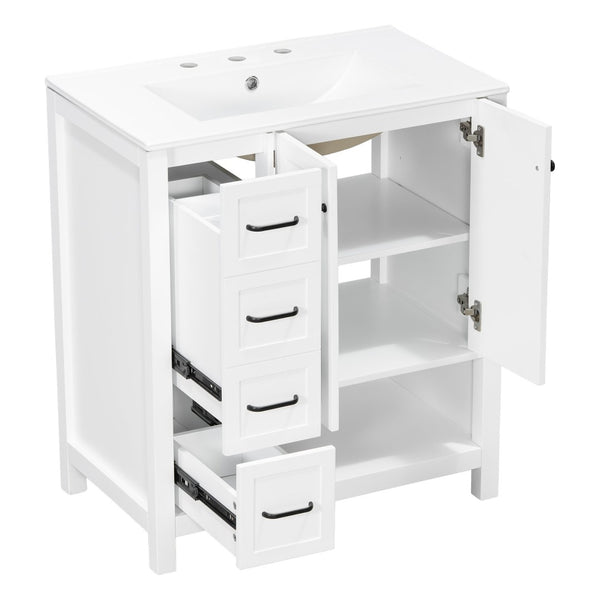 English Elm 30 Inch Freestanding Bathroom Vanity Ceramic Undermount Sink Open Shelf Soft Close White N725P451494K
